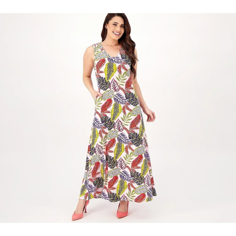 Attitudes by Renee Maxi Dress Size Large Petite Ruched V Neck Spring Brush NEW